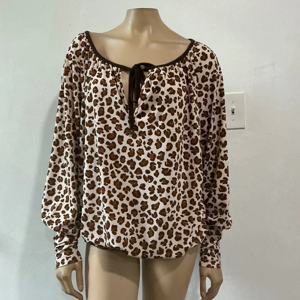 Tory Burch Stevie Leopard Print Silk Blouse Tie Neck Logo Buttons Large